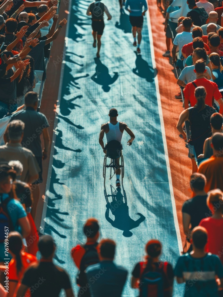 Poster a man in a wheelchair is running down the track. generative ai.