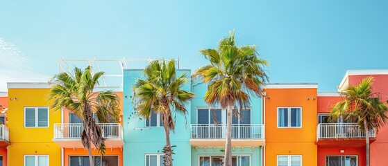 A row of colorful buildings with palm trees in front of them. The buildings are painted in bright colors, and the palm trees are green. The scene has a tropical vibe