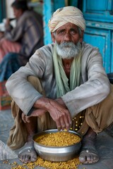 A man sitting on the ground with a bowl of food. Generative AI.