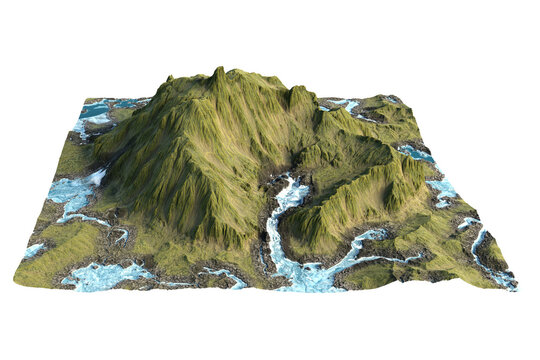3D rendering of the mountain surrounded by the ocean. Transparent background PNG file. 