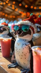 A group of penguins wearing sunglasses and santa hats sitting on a table. Generative AI.