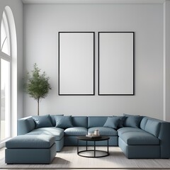 Mockup poster frame in living room with blue sofa, interior mockup with house background