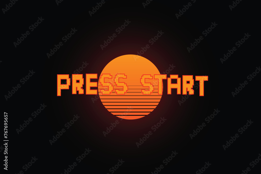 Poster press start. pixel art .8 bit game. retro game. for game assets in vector illustrations. retro futur