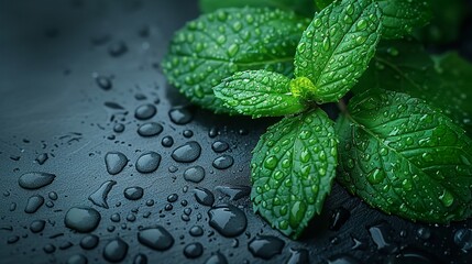Sprig of fresh mint leaves, dew-kissed and vibrant against a stark white background