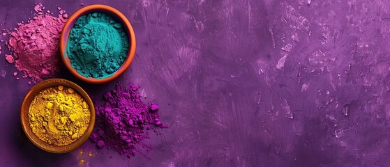 A purple background with two bowls of colorful powder on it. The bowls are filled with different colored powders, creating a vibrant and lively atmosphere