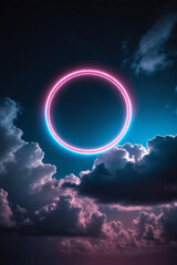 Abstract cloud illuminated with pink and blue neon light ring on dark night sky. Glowing geometric shape, round frame