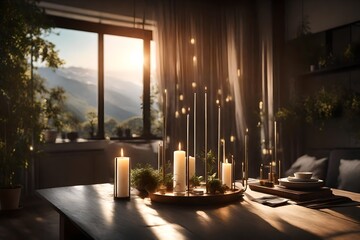 A sunlit setting with LED candles as part of the decor, the HD camera capturing the modern background and the subtle illumination in stunning - obrazy, fototapety, plakaty