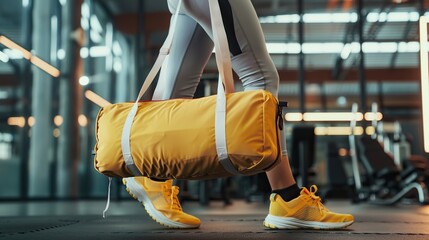A woman is walking with a yellow gym bag. The bag is large and has a strap. The woman is wearing yellow shoes and white pants. Concept of fitness and exercise
