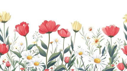 A colorful field of flowers with a white background. The flowers are of various colors and sizes, and they are arranged in a way that creates a sense of depth and movement