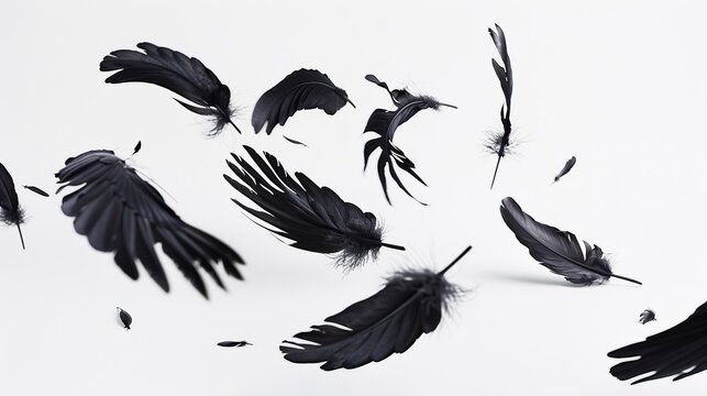 A flock of black birds flying in the air, with their wings spread out. The birds are scattered in various positions, some flying higher and others closer to the ground. Concept of freedom and movement