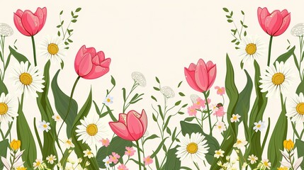 A colorful flower garden with a white background. The flowers are pink and yellow. The flowers are arranged in a way that they are all facing the same direction