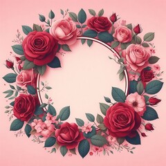 Floral Round Frame with Red Rose Flowers for Mother's Day, Women's Day, and Valentine's Day on White Background