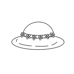 A hat with flowers on it. The hat is white and has a flower band around it