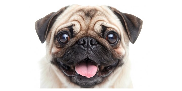 A pug dog with its tongue out and a smile on its face. The dog is looking directly at the camera