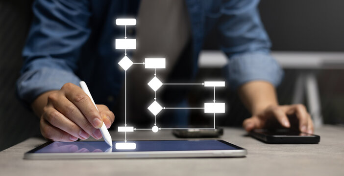 close up entrepreneur hand use stylus pen to write and check about progress or procedure of strategy and resolve with virtual flowchart diagram for business plan and performance concept