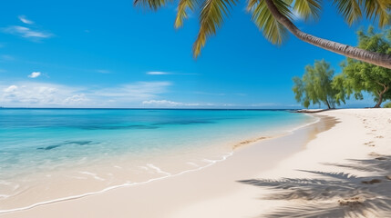  Tropical beach. Summer vacation on a tropical island with beautiful beach and palm trees. Tropical Maldives. - 767697241