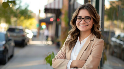 A confident female entrepreneur stands on the street, smiling with arms crossed, facing the camera - obrazy, fototapety, plakaty