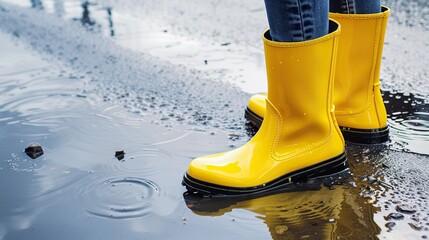 A person in yellow rain boots is standing in a puddle of water. Scene is lighthearted and playful, as the person is enjoying the rain and the wet ground