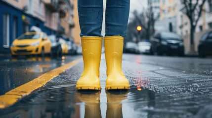 Fotobehang A woman in yellow rain boots stands in the rain. Concept of resilience and determination in the face of inclement weather © Dawid