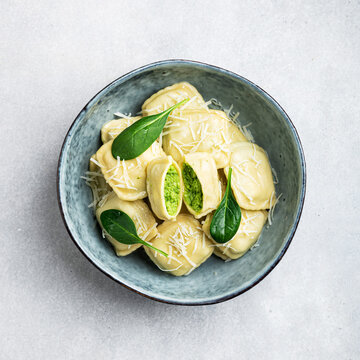Ravioli with ricotta and spinach, italian cuisine, top view