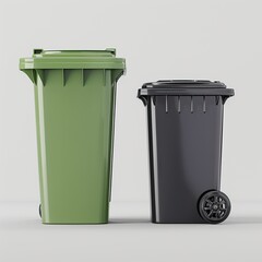 Two trash cans, one green and one black, are shown side by side - obrazy, fototapety, plakaty