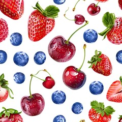 A pattern of cherries, strawberries, and blueberries