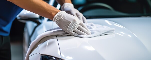 Close-up of a man's hand using a white microfiber cloth to polish a shiny white car - obrazy, fototapety, plakaty