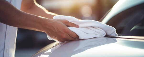 Close-up of a man's hand using a white microfiber cloth to polish a shiny white car - obrazy, fototapety, plakaty