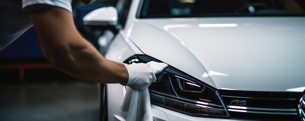 Close-up of a man's hand using a white microfiber cloth to polish a shiny white car
