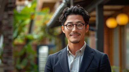 Foto op Canvas A man wearing glasses and a suit is smiling for the camera. He looks confident and well-dressed. a male real estate agent standing in front of a listed house, Taiwanese with black hair © Nataliia_Trushchenko