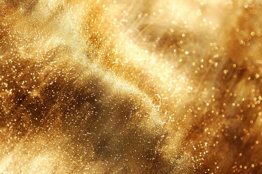 A gold background with a lot of glitter. The glitter is scattered all over the background, giving it a shiny and glamorous appearance. Concept of luxury and opulence