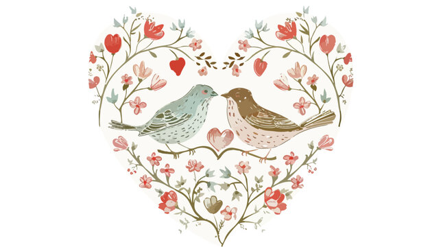 Shabby Chic Valentine Love Birds in Heart flat vector