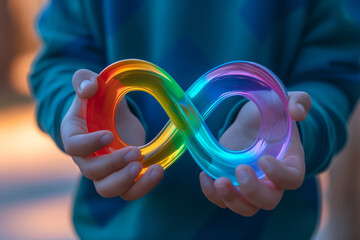 Kid hand holding autism infinity rainbow symbol sign. World autism awareness day, autism rights movement, neurodiversity, autistic acceptance movement - obrazy, fototapety, plakaty