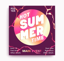 Bright stylish and contemporary summer poster. Round label with multicolored gradient background and 3D lettering. Ready mock-up. Vector template