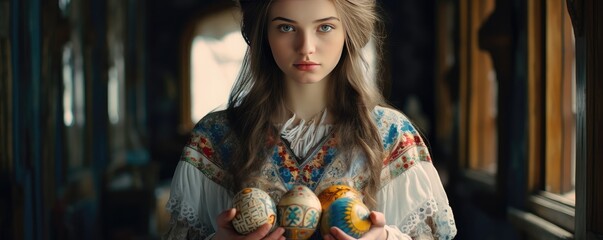 Obraz premium Young girl holding traditional painted eggs