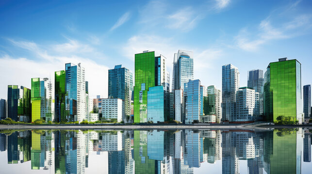 Modern Urban Skyline with Reflective Waterfront View