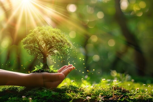 A person is holding a small tree in their hand. The tree is surrounded by a lush green field, and the sunlight is shining on it, creating a warm and inviting atmosphere