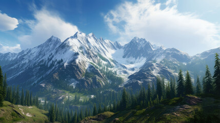 Fototapeta premium Serene Mountain Peaks Amidst Verdant Valleys