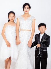 Asian mother with son and daughter