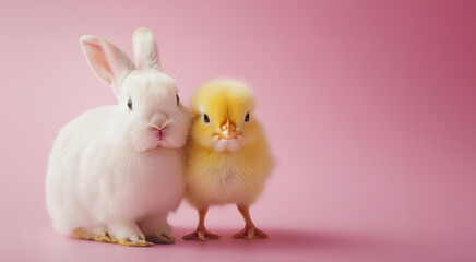 a yellow chick with a white rabbit in a captivating pose against a serene light pink monochromatic backdrop, its endearing presence shining brightly in a heartwarming and delightful image