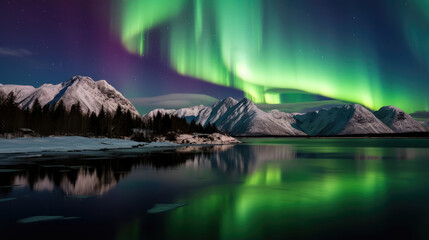 Enchanting Northern Lights Reflections on Tranquil Water - obrazy, fototapety, plakaty
