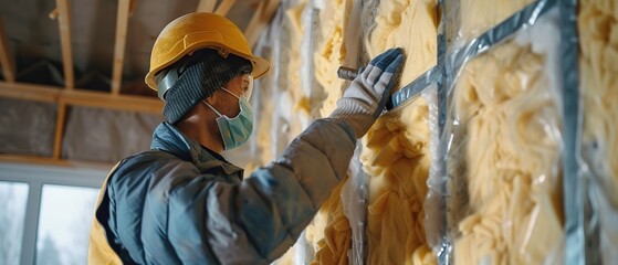 A man in a yellow jacket is working on a wall. He is wearing a mask and gloves
