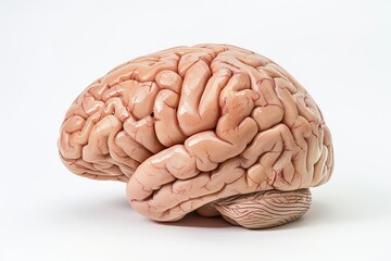 A brain is shown in a close up. The brain is pink and white in color. The brain is the most important organ in the body