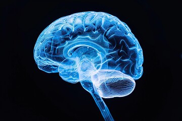 A brain is shown in blue and white. The brain is the most important organ in the body and is responsible for controlling all bodily functions. The image is meant to convey the importance of the brain
