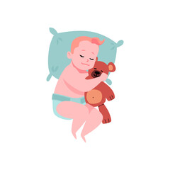 Obraz na płótnie Canvas Cute red-haired baby boy in diaper sleeping and hugging bear toy flat style
