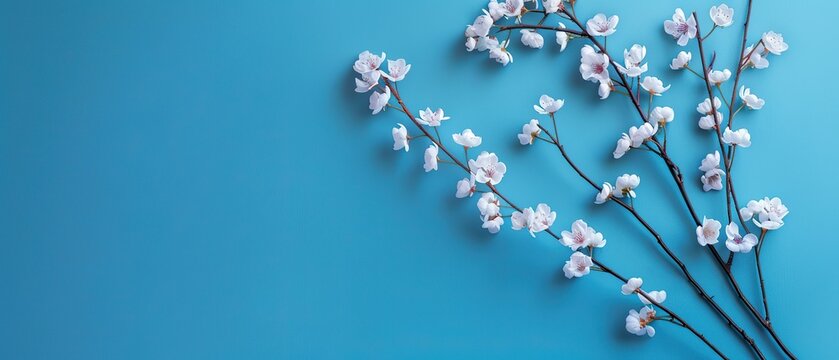 A blue background with a bunch of white flowers. The flowers are arranged in a way that they look like they are growing out of the blue background. Concept of freshness and natural beauty