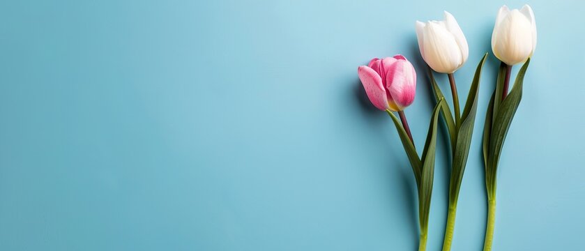 Three white and pink flowers are arranged on a blue background. The flowers are in a vase and are placed in a row. The blue background gives the image a calm and serene mood