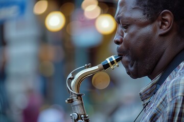 A man playing a saxophone in a city street. The man is wearing a plaid shirt and he is sweating - obrazy, fototapety, plakaty