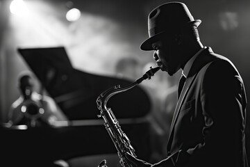 A man playing a saxophone in a black and white photo. The man is wearing a hat and a suit - obrazy, fototapety, plakaty