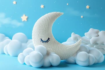 A white stuffed animal shaped like a crescent moon is resting on a cloud. The image has a dreamy, whimsical feel to it, with the moon and clouds creating a sense of wonder and imagination
